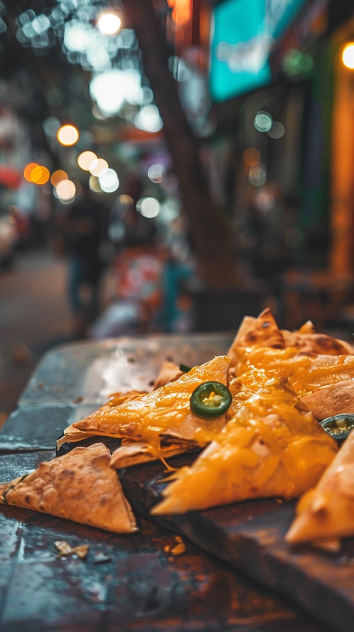 Frisch zubereitete Nachos mit geschmolzenem Käse und Jalapeño-Scheiben auf einem dunklen Servierbrett, im Hintergrund unscharfe Lichter einer belebten Straße.