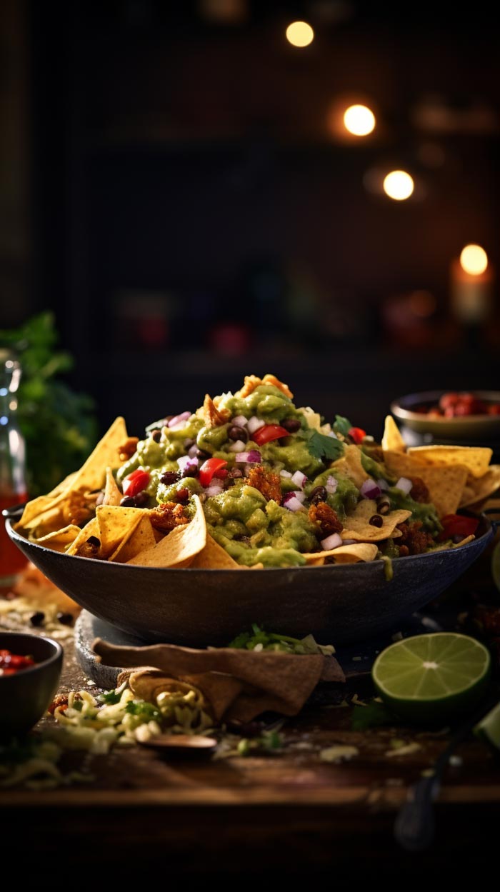 Bunte Vegane Nachos Appetitliche vegane Nachos mit einer Vielfalt von frischen Gemüsetoppings und veganer Sauce.