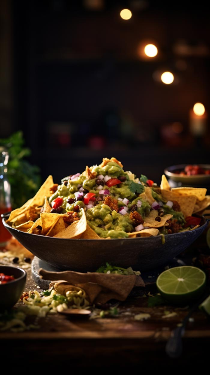 Appetitliche vegane Nachos mit einer Vielfalt von frischen Gemüsetoppings und veganer Sauce.