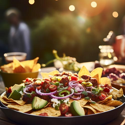 Leckere vegane Nachos mit einer Vielfalt von frischen Gemüsetoppings und veganer Sauce.