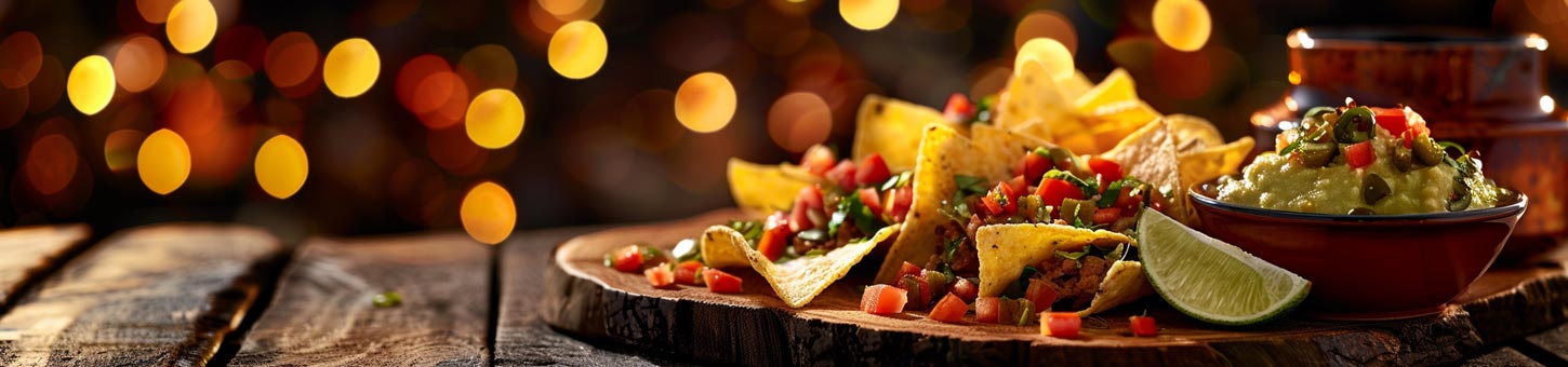  Ein appetitliches Tablett mit Nachos, üppig belegt mit Käse, Tomaten, Zwiebeln und einer cremigen Sauce, vor einem Hintergrund aus warmen Lichtern und einem Textbanner "NACHO REZEPTE" oben.