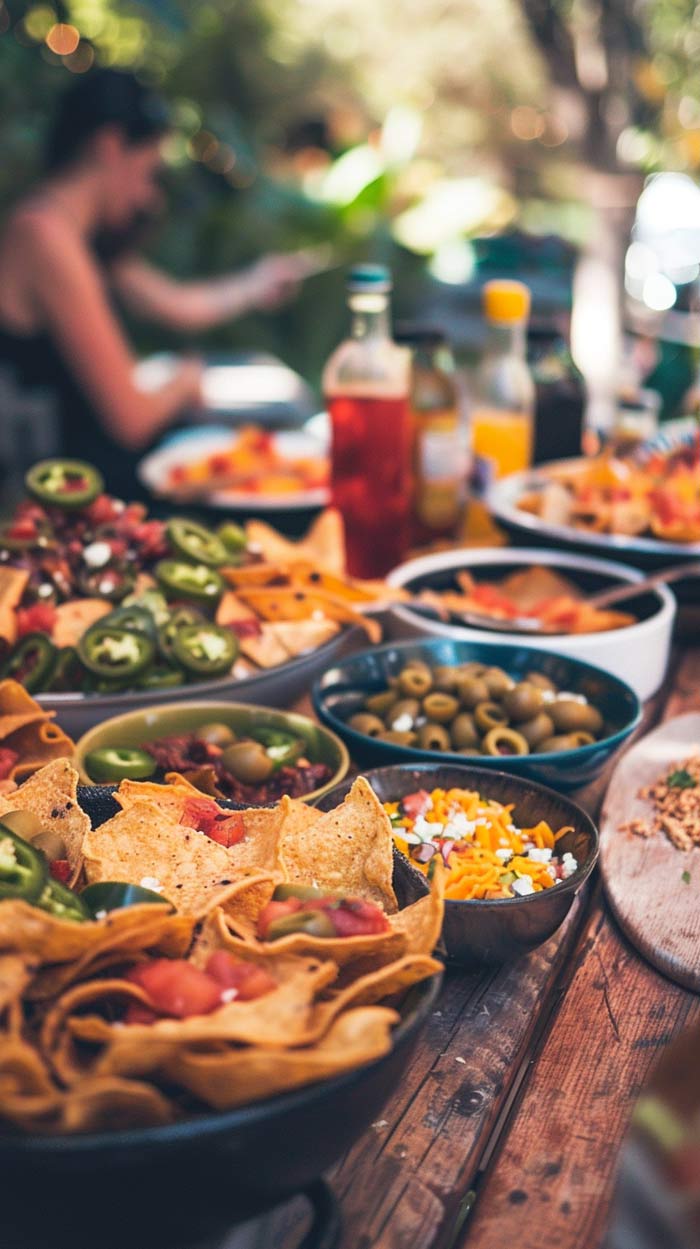 Bunte Tafel mit verschiedenen Nacho-Zutaten in Schalen, darunter Tortillachips, Jalapeños, Oliven und Tomaten, im Hintergrund eine Person an einem sommerlichen Garten-Esstisch.