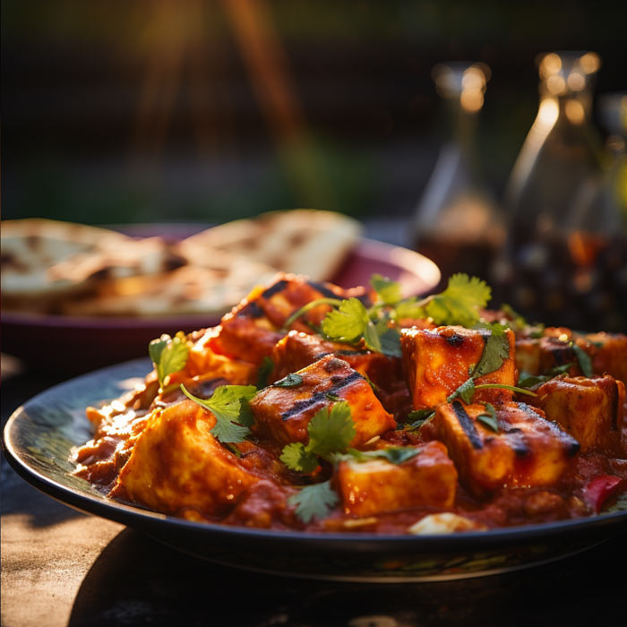 Ein Teller mit Paneer Tikka Masala, üppig garniert mit frischem Koriander, im warmen Abendlicht. Im Hintergrund ist unscharf Naan-Brot zu erkennen.