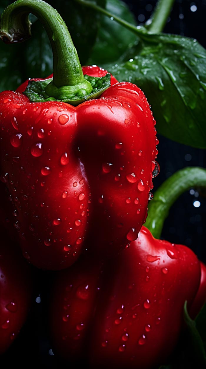 Eine frische, rote Paprika mit Tautropfen bedeckt, hebt sich scharf ab gegen einen dunklen Hintergrund, betont durch das Spiel aus Licht und Schatten.