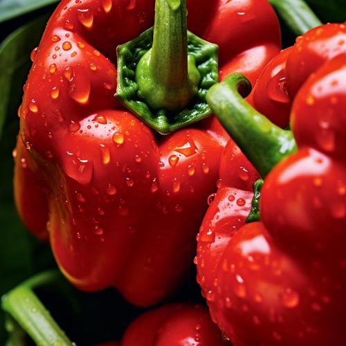 Frische rote Paprika mit Wassertropfen auf der glänzenden Oberfläche, Nahaufnahme.