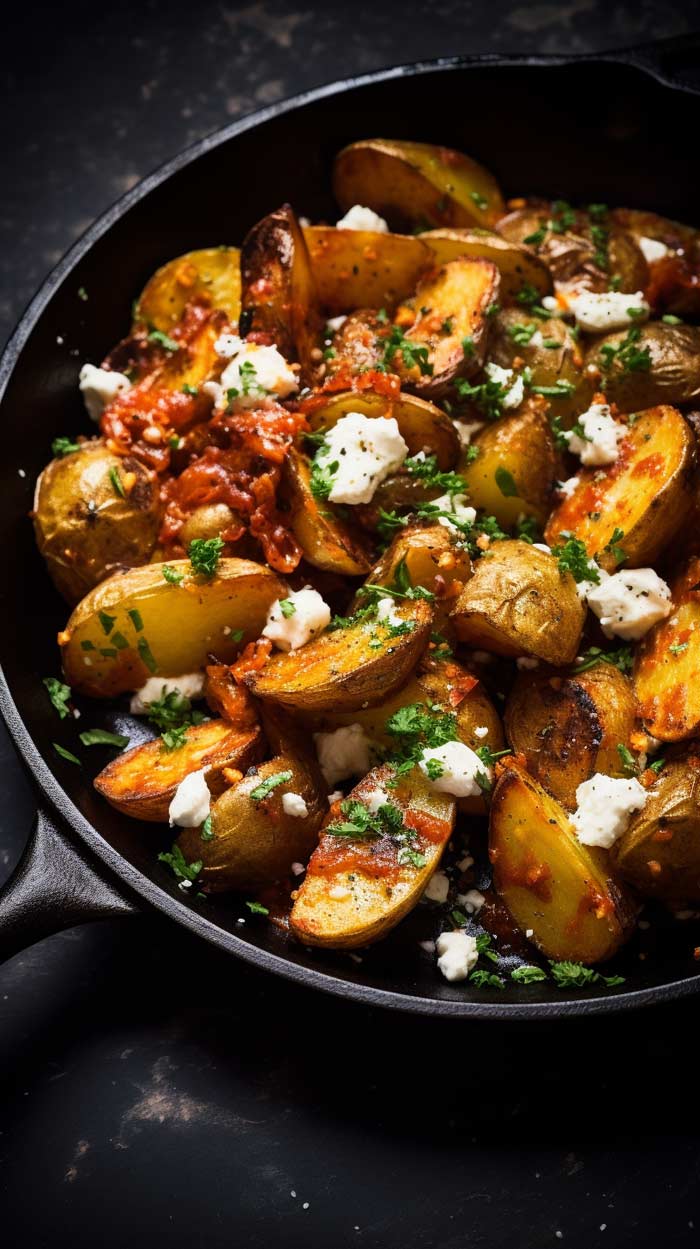 Patatas Bravas auf dunklem Hintergrund in gußeiserner Pfanne