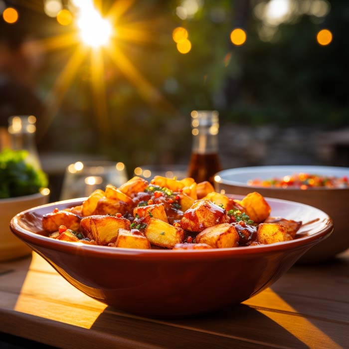 Eine Schale mit knusprigen Patatas Bravas mit Mexican Tears Gewürz, garniert mit frischen Kräutern, serviert auf einem Holztisch im Freien bei Sonnenuntergang, mit warmen Sonnenstrahlen, die durch die Blätter scheinen und ein leuchtendes Bokeh im Hintergrund erzeugen.