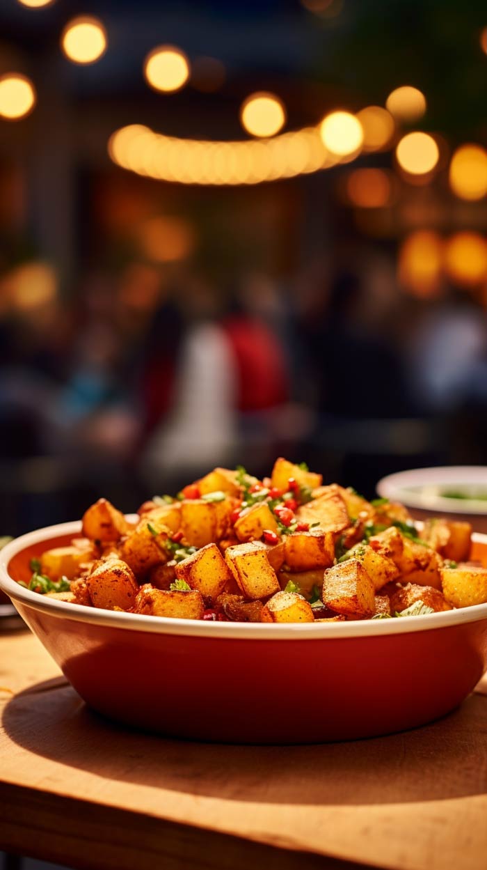 Eine Schale mit goldenen, gewürfelten Patatas Bravas, bestreut mit frischen, grünen Kräutern, steht im Vordergrund auf einem Tisch, während im unscharfen Hintergrund warme Lichterketten und die Silhouetten von Menschen in einem gemütlichen Abendambiente zu erkennen sind.