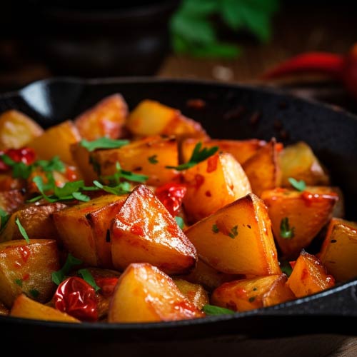 In einer gusseisernen Pfanne serviert, zeigen die glänzenden Patatas Bravas mit ihrer goldbraunen Kruste und den leuchtend roten Akzenten von Tomaten und Paprika, bestreut mit frischen grünen Kräuterblättern, eine appetitliche Nahaufnahme dieses klassischen spanischen Tapas-Gerichts.