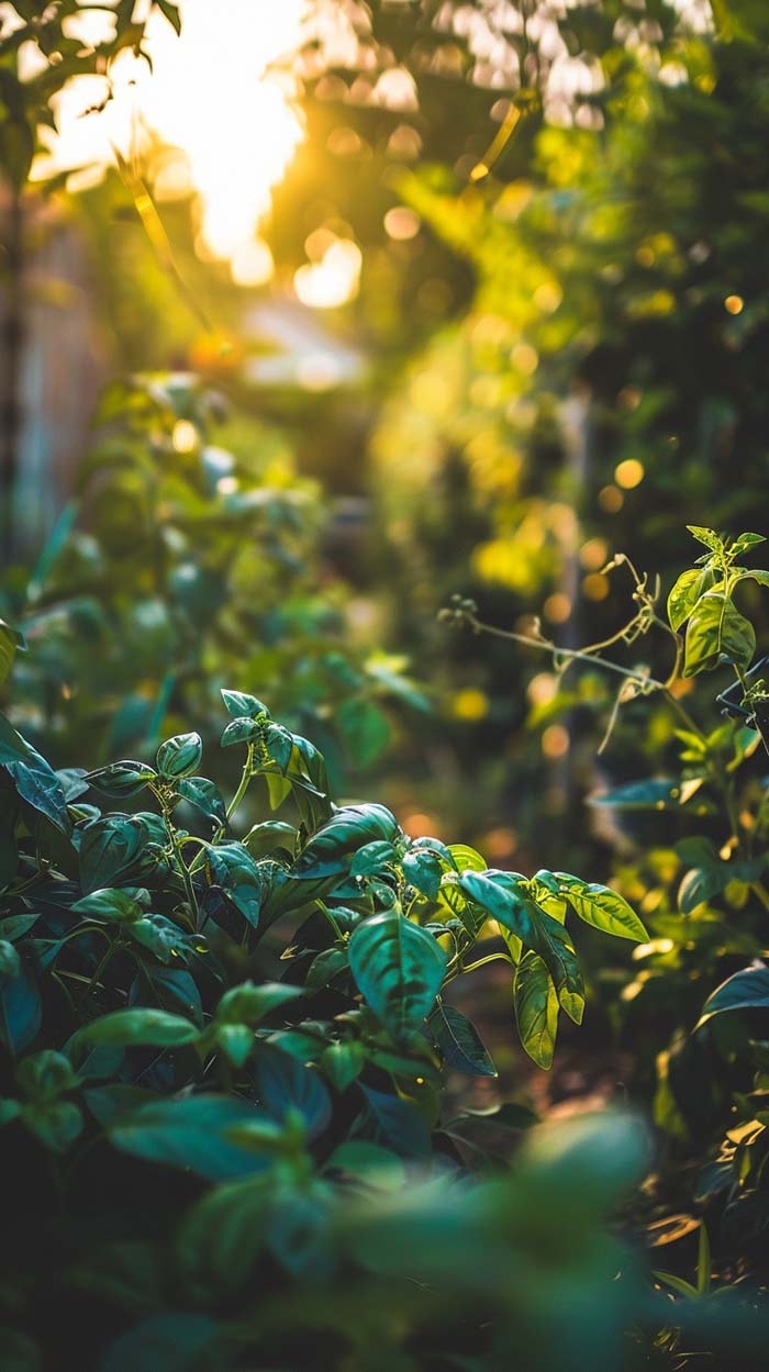 Chili-Pflanzen gedeihen in einem Permakultur-Garten, durchdrungen vom weichen Licht der untergehenden Sonne.