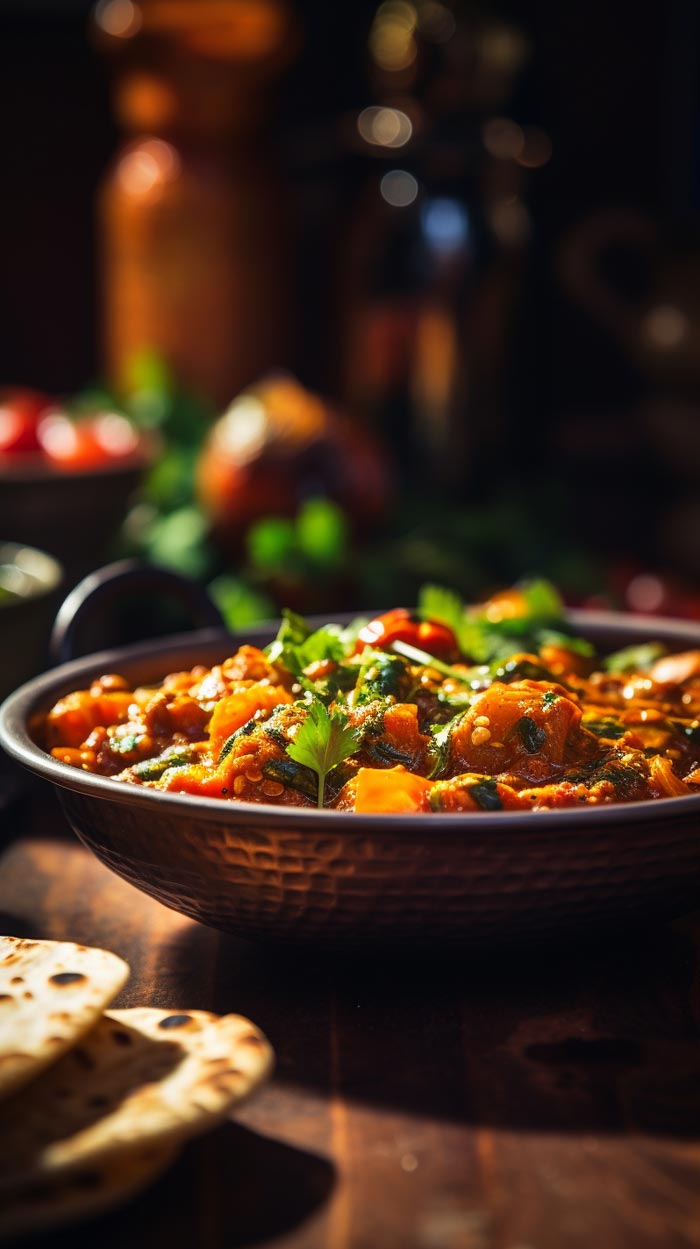 Eine Schüssel mit würzigem Phall Masala Curry, reich garniert mit frischem Koriander, beleuchtet von warmem Licht, das eine gemütliche Atmosphäre schafft.