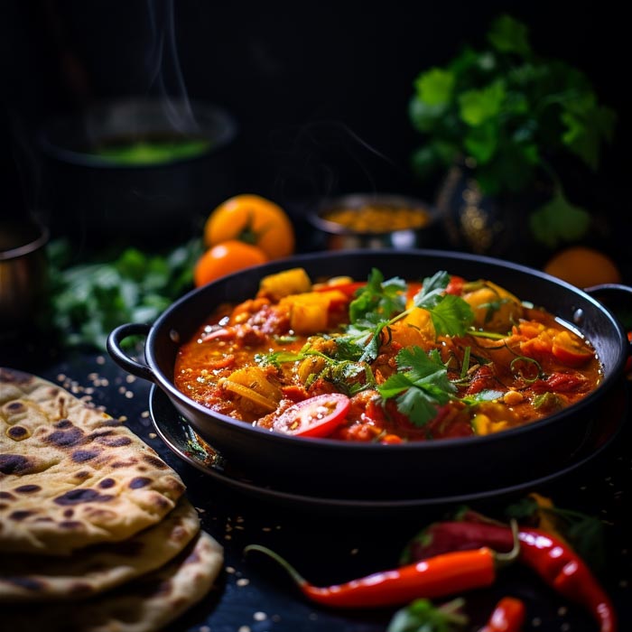 Ein dampfendes Phall Masala Curry, reich garniert mit frischem Koriander und Tomatenscheiben, serviert in einer schwarzen Pfanne, umgeben von ganzen Chilischoten und frischen Kräutern auf einem dunklen Tisch.