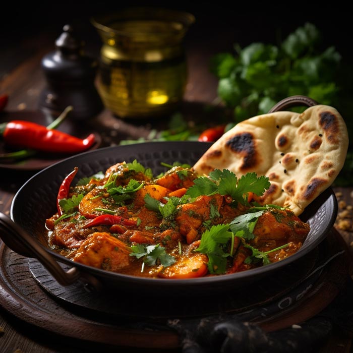 Exotisches Schärfeerlebnis – Phall Masala Curry in traditioneller Präsentatio Aromatisches, scharfes Curry mit Stücken von gelbem Gemüse und roten Tomaten, bestreut mit grünem Koriander, in einem rustikalen Ambiente mit sichtbarem Dampf, der vom Gericht aufsteigt.