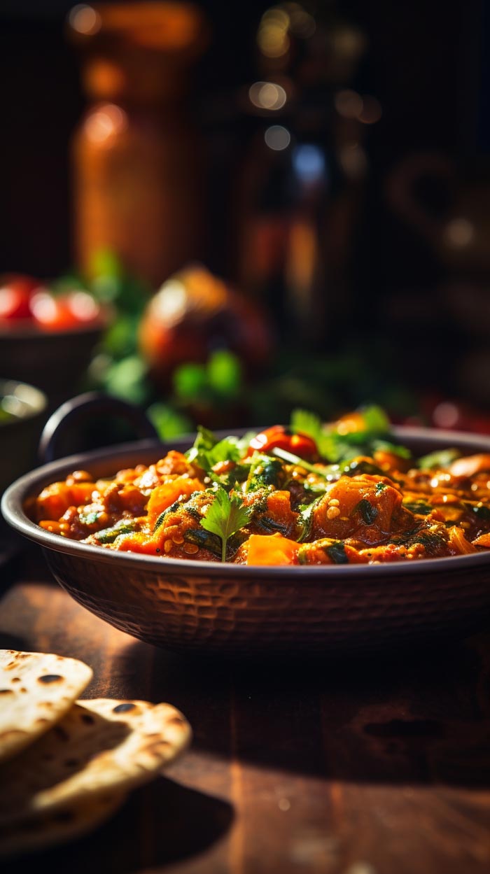 Dampfendes Phall Curry in einer dekorativen Schüssel, serviert auf einem Holztisch, akzentuiert durch die sanfte Beleuchtung im Hintergrund.