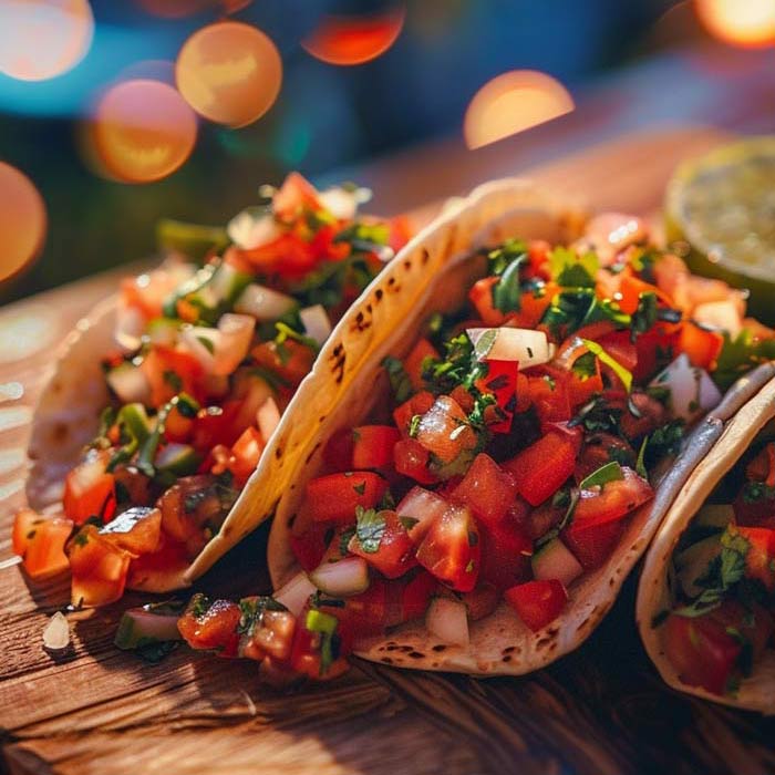 Tacos Pico de Gallo auf dunklem Teller mit Limetten auf Holzbrett