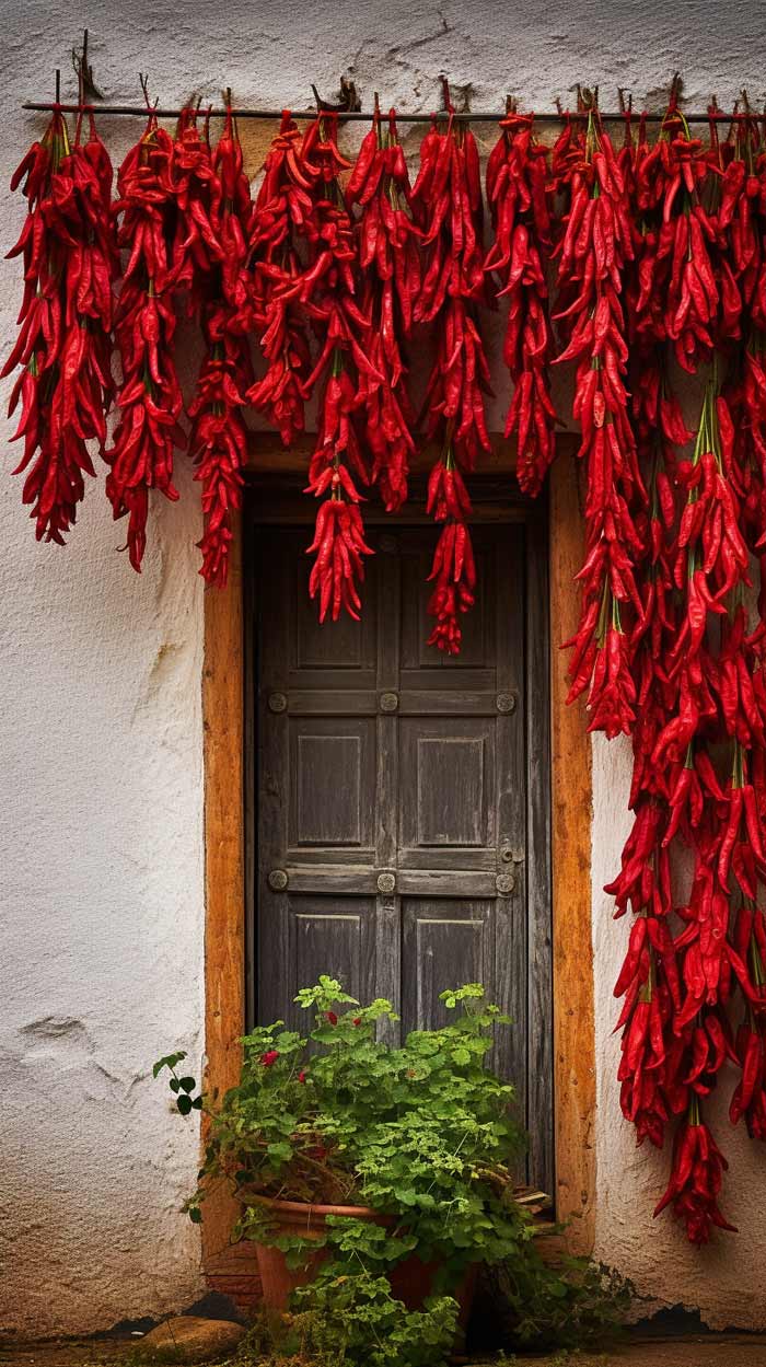 Stränge von leuchtend roten Chilischoten hängen zum Trocknen geordnet über einer traditionellen dunkelbraunen Holztür, die von einer weiß getünchten Wand mit einem dezenten, abblätternden Putz umgeben ist. Ein großer Topf mit grünen, blühenden Pelargonien steht unten rechts neben der Tür und setzt einen natürlichen Kontrast zu den scharfen Schoten.