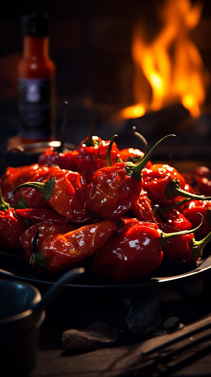Glänzende, geröstete Chilis auf einer Pfanne vor einem warmen Feuer
