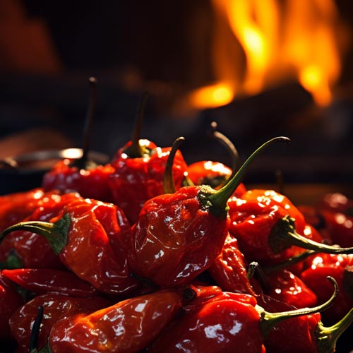 Frische Carolina Reaper Chilischoten glänzen vor dem warmen Schein flackernder Grillflammen.