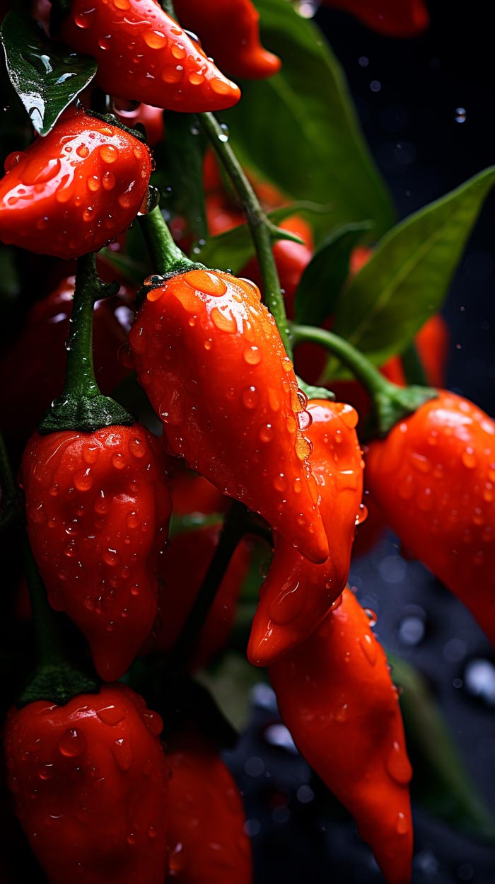 Frische Piri Piri Chilis mit leuchtend roter Farbe, bedeckt von Wassertropfen, hängen an grünen Stielen vor einem dunklen Hintergrund.