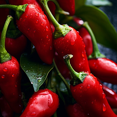 Bündel von reifen Piri Piri Chilischoten mit satter roter Farbe, glänzend von frischen Wassertropfen auf ihrer Oberfläche, umgeben von lebhaft grünen Blättern.