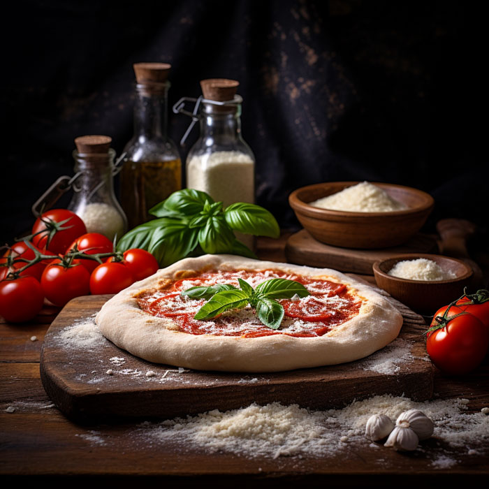 Pizzateig mit Zutaten und Mexican Pizza Sauce Pizza Sauce mit Teig und Zutaten
