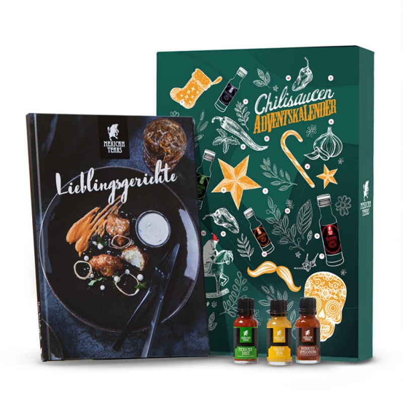 Chilisaucen Adventskalender mit Flaschen & Kochbuch mit Chilisauce von Mexican Tears