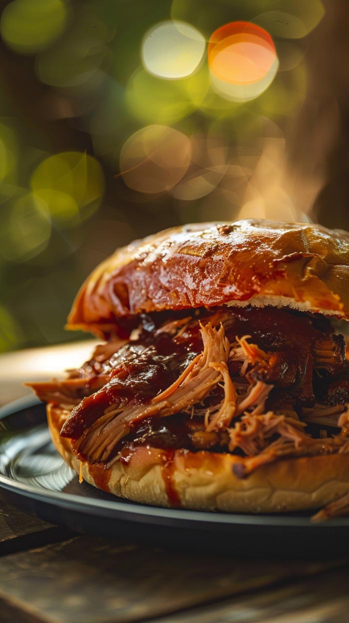 Ein saftiger Pulled Pork Burger mit reichlich BBQ-Sauce, serviert in einem fluffigen Burger-Brötchen auf einem Teller