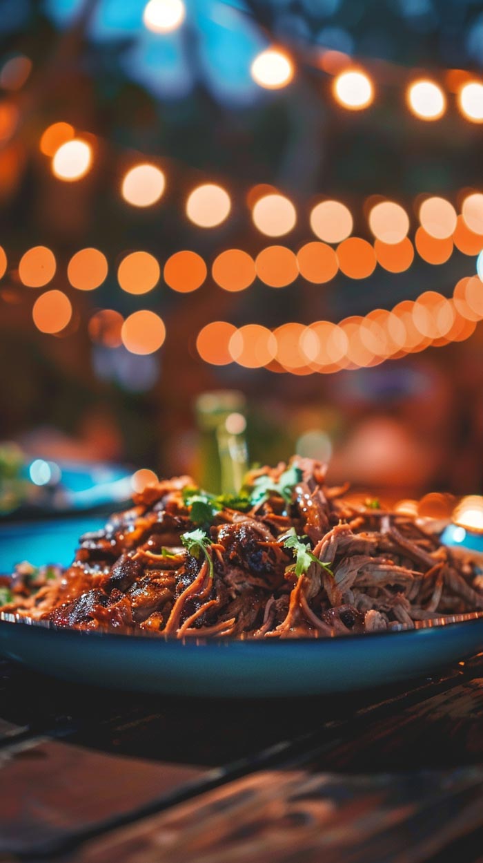Ein Teller mit saftigem Pulled Pork, garniert mit frischen Kräutern und serviert in einer gemütlichen, mit Lichterketten dekorierten Umgebung.