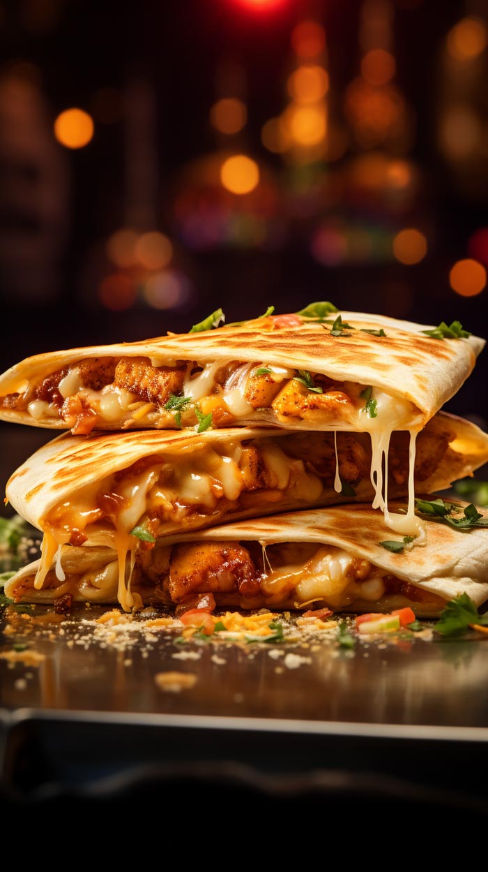 Geschichteter Hühnchen-Quesadilla mit reichlich geschmolzenem Käse, der zwischen den Tortillas hervorquillt, auf einem Teller mit lebendigem Bokeh-Lichteffekt im Hintergrund