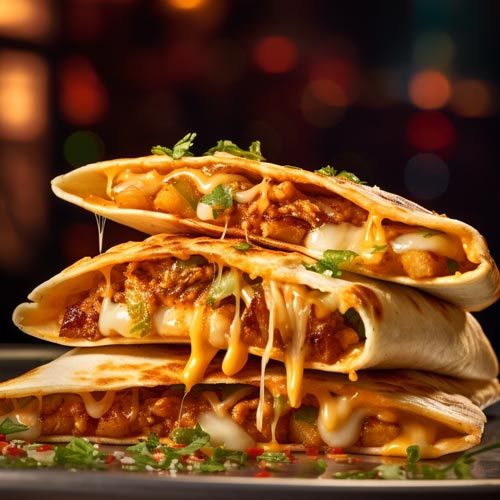 Stapel von Chicken-Quesadillas mit geschmolzenem Käse und würziger Sauce, garniert mit frischen Kräutern, serviert auf einem Teller.