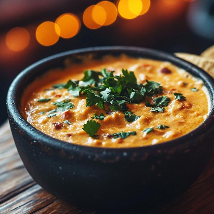 Eine Schale mit cremigem Queso Dip, garniert mit frischen Korianderblättern, serviert mit Tortilla-Chips.
