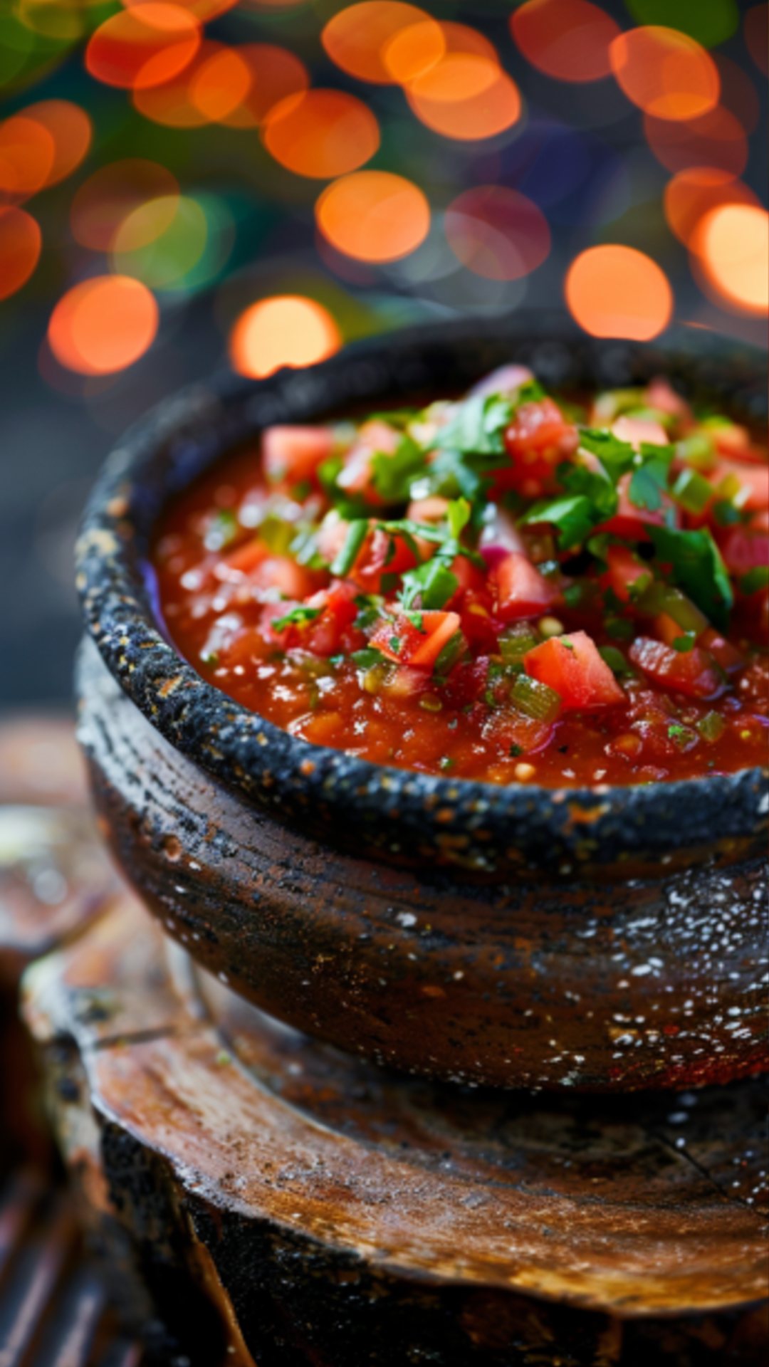 Nahaufnahme von Red Salsa, serviert auf einem rustikalen Tisch.