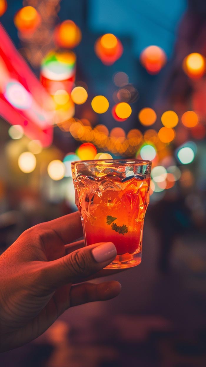 Sangrita Picante Genuss im Stadtlicht Eine Hand hält ein mit Sangrita Picante gefülltes Glas, im Hintergrund schaffen unscharfe Lichter einer belebten Straße eine stimmungsvolle, abendliche Szenerie.
