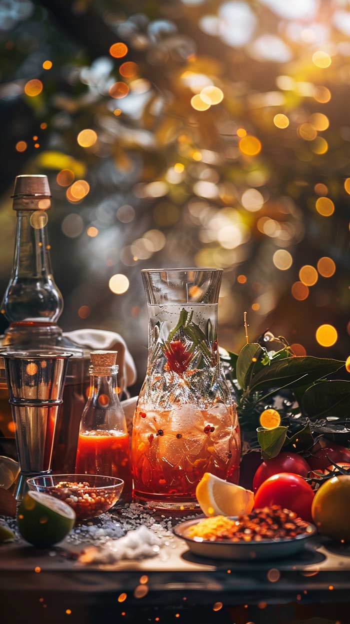 Ein Krug Sangrita Picante steht inmitten einer festlichen Szene auf einem Tisch, umgeben von Zutaten wie frischen Zitrusfrüchten und Tomaten, Gewürzen und einer Flasche, alles beleuchtet von warmem, glitzerndem Licht, das eine gemütliche, einladende Atmosphäre schafft.
