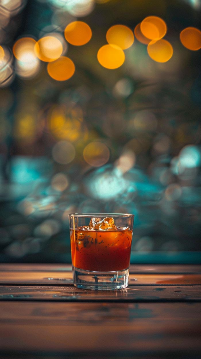 Ein Shotglas voll mit Sangrita Picante, serviert auf einem Holztisch mit verschwommenen Lichtern im Hintergrund, die eine warme und einladende Atmosphäre kreieren.