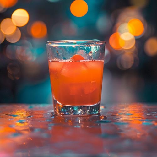  Ein voller Glas Shot mit Sangrita Picante auf einer reflektierenden Oberfläche, vor unscharfem Hintergrund mit mehrfarbigen Bokeh-Lichtern einer lebendigen Baratmosphäre in der Nacht.