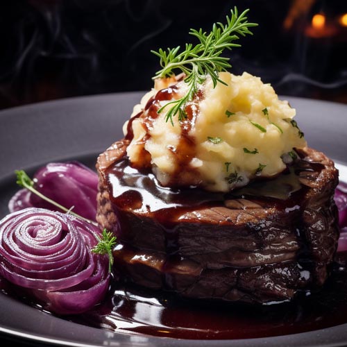 Sauerbraten auf dunklem Teller und Rosmarin
