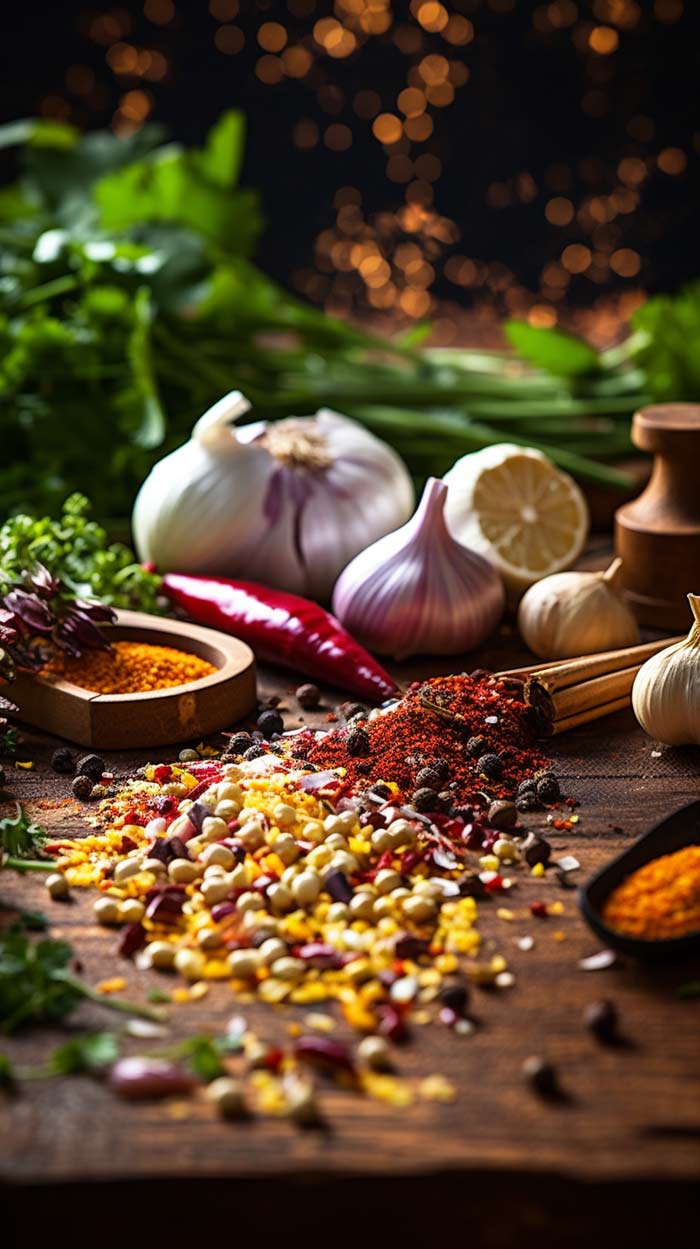 Ein reichhaltiges Sortiment an Gewürzen und Zutaten, einschließlich ganzer Knoblauchzehen, roter Zwiebeln, Chilischoten, bunter Pfefferkörner und gemahlenem Kurkuma, kunstvoll verstreut auf einer Holzoberfläche vor einem unscharfen Hintergrund mit warmen Lichtern.