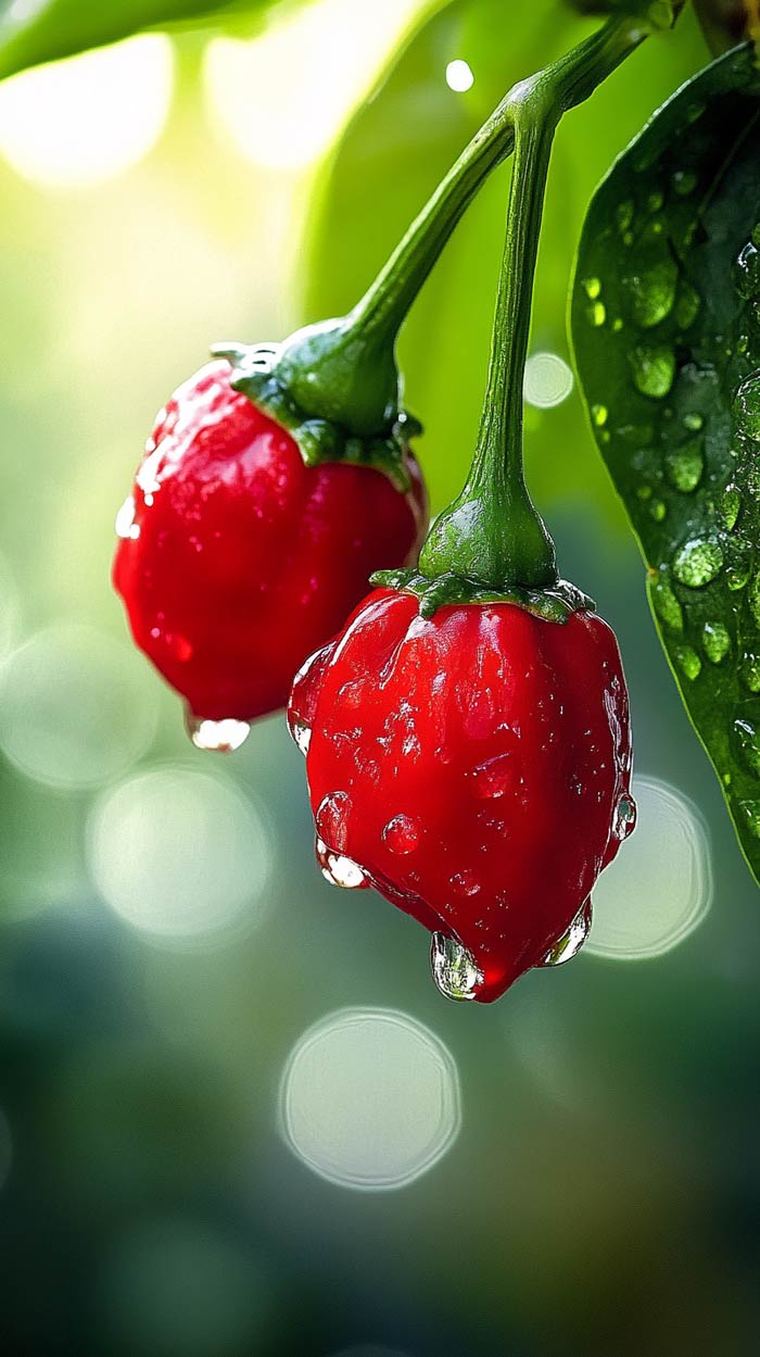 Scotch Bonnet Chili - Nahaufnahme Scotch Bonnet Chili in der Nahaufnahme, mit Wassertropfen