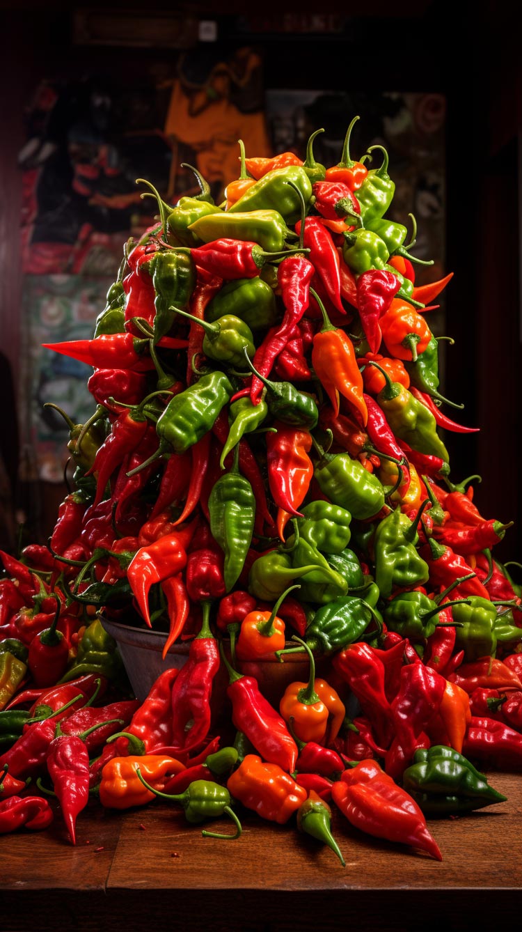 Eine vielseitige Auswahl an grünen Jalapeños, Carolina Reapern, Red Savina Habaneros, Trinidad Scorpions und Ghost Peppers ergießt sich über den Rahmen, mit einer Scoville-Skala im Hintergrund, die das feurige Spektrum von milden grünen Jalapeños bis zum intensiven Rot des Carolina Reaper hervorhebt und die reiche Geschichte und kulinarische Bedeutung dieser scharfen Schoten symbolisiert