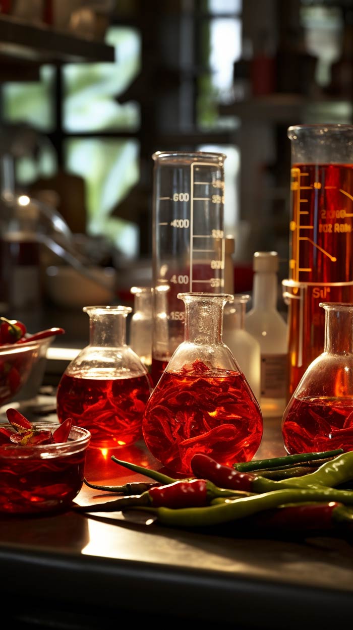 Laborflaschen mit roter Flüssigkeit im Labor von Wilbur Scoville und Chilischoten auf einer Arbeitsfläche, was eine wissenschaftliche Untersuchung von Capsaicin andeutet.