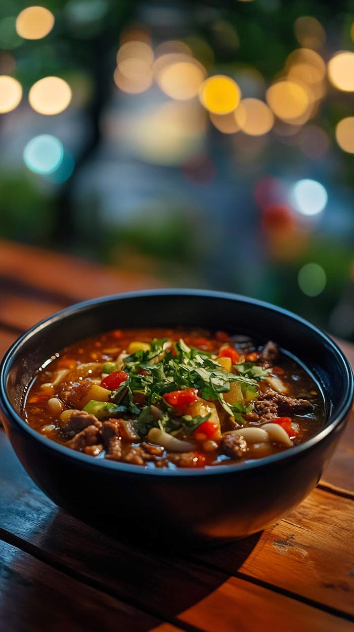 Sopa de Lima mit Gemüse Schale mit aromatischer Sopa de Lima, garniert mit Avocado und Tomatenwürfeln.