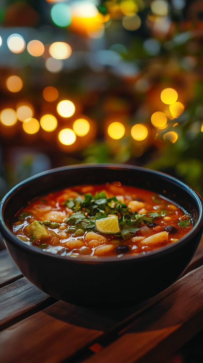 Sopa de Lima Nahaufnahme Nahaufnahme von Sopa de Lima, einer mexikanischen Limettensuppe mit zarten Hühnerstücken.