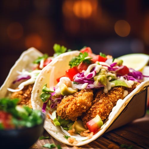 Taco mit panierter und frittierter Avocado und Pico de Gallo auf dunklem Teller mit Limetten