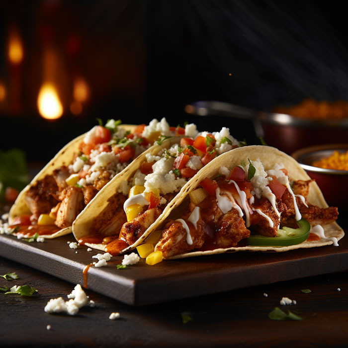 Feuriges Trio: Scharfe Hähnchentacos Drei Hähnchentacos mit scharfer Chili-Sauce, geriebenem Käse, frischen Tomatenwürfeln, gehackten Zwiebeln, Mais und sahniger Sauce, serviert auf einem Holzbrett mit einem dunklen, unscharfen Hintergrund, der eine gemütliche Atmosphäre mit einem flackernden Feuer andeutet
