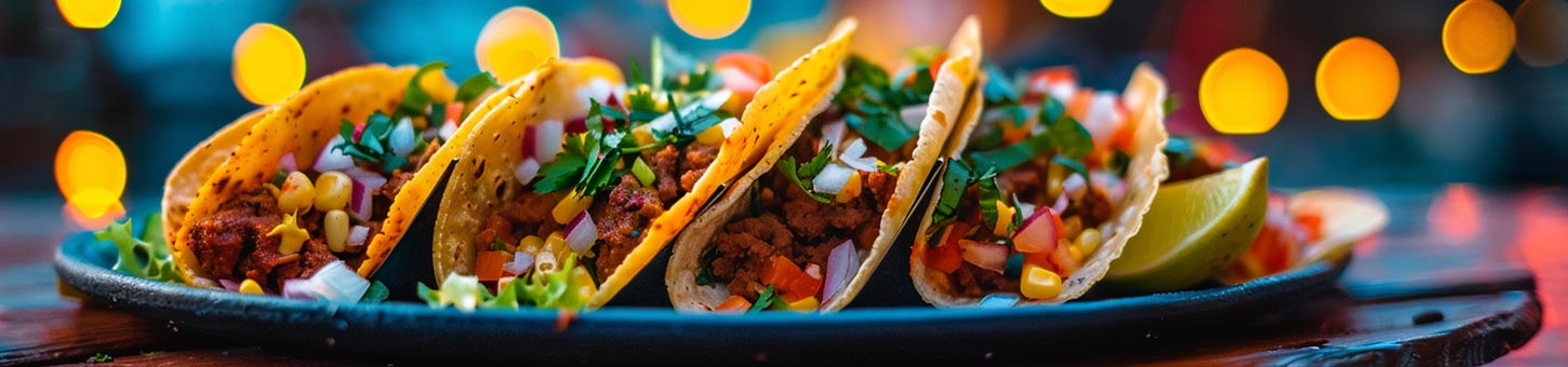 Eine Auswahl von knackigen Tacos gefüllt mit saftigem Hackfleisch, Mais, frischen Tomatenwürfeln, Zwiebeln und garniert mit gehacktem Koriander, serviert auf einem schwarzen Teller vor einem unscharfen Hintergrund mit warmen Lichtern.