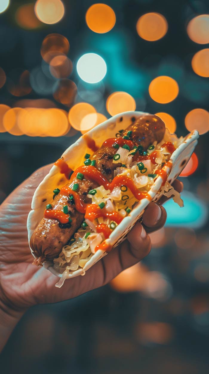 Tacos mit Sauerkraut und Würstchen, Nahaufnahme Tacos mit Sauerkraut und Würstchen, Nahaufnahme