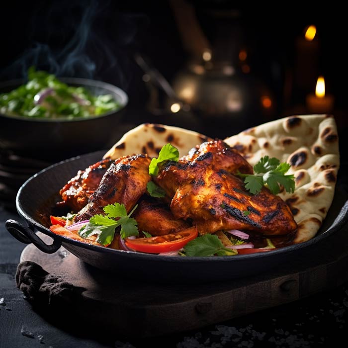 Gegrilltes Tandoori-Hähnchen serviert auf einer gusseisernen Pfanne mit frischen Korianderblättern, Tomatenscheiben und Zwiebelringen, begleitet von Naanbrot, auf einem dunklen Holztisch mit stimmungsvoller Beleuchtung.