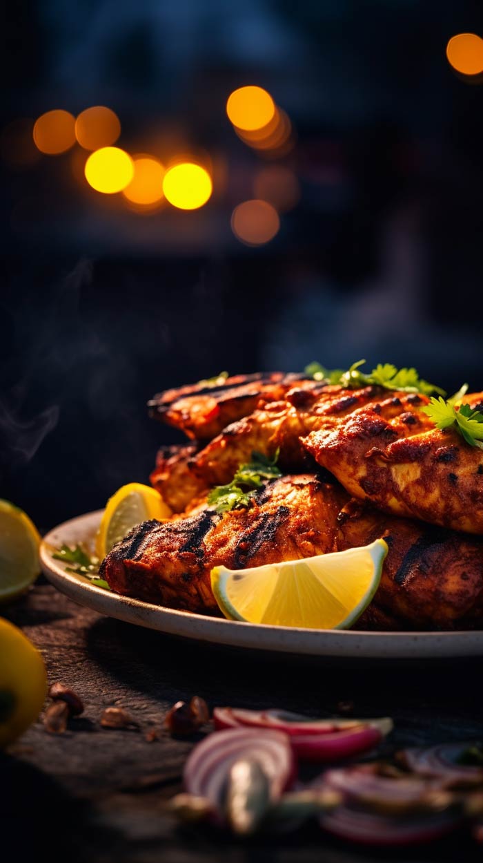 Gegrilltes Tandoori-Hähnchen auf einem Teller, garniert mit frischer Zitrone und Koriander, serviert auf einem dunklen Holztisch mit unscharfen Lichtern im Hintergrund.