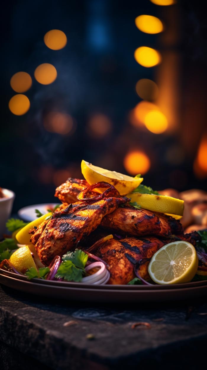 Tandoori-Hähnchen in Nahaufnahme, angerichtet mit Zitronenspalten und roten Zwiebeln, vor einem bokehbeleuchteten Hintergrund.